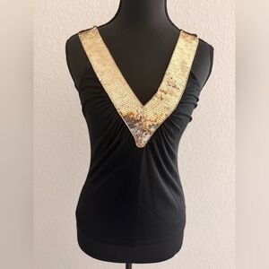 Jade Black Sequin V-Neck Tank Top | Gold Trim Sleeveless Party Blouse